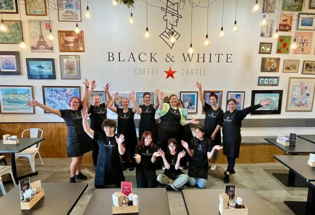 Opening day with staff at Black and White coffee cartel